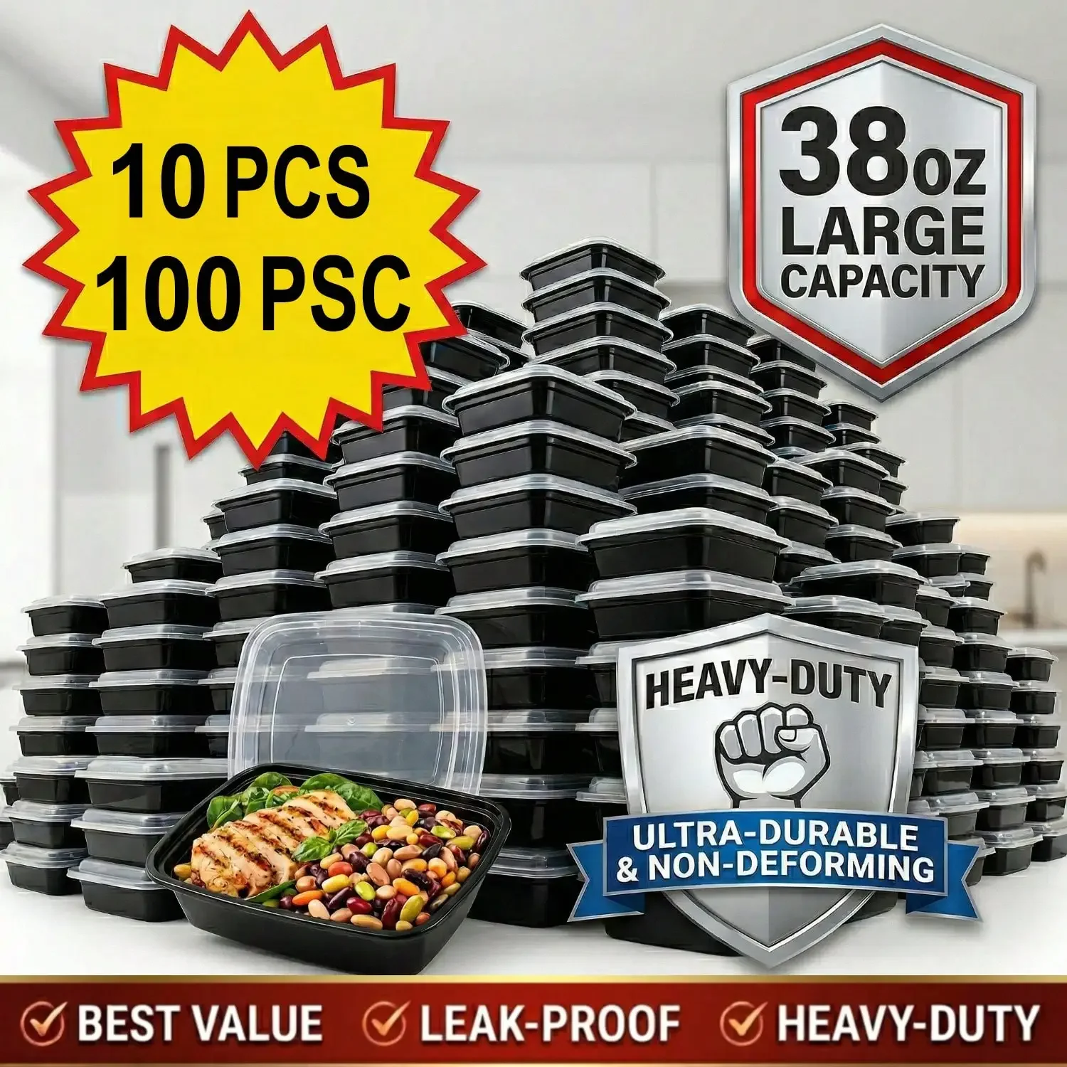 10/100pcs 38oz Black Rectangul - Meal Prep Kitchen review and price
